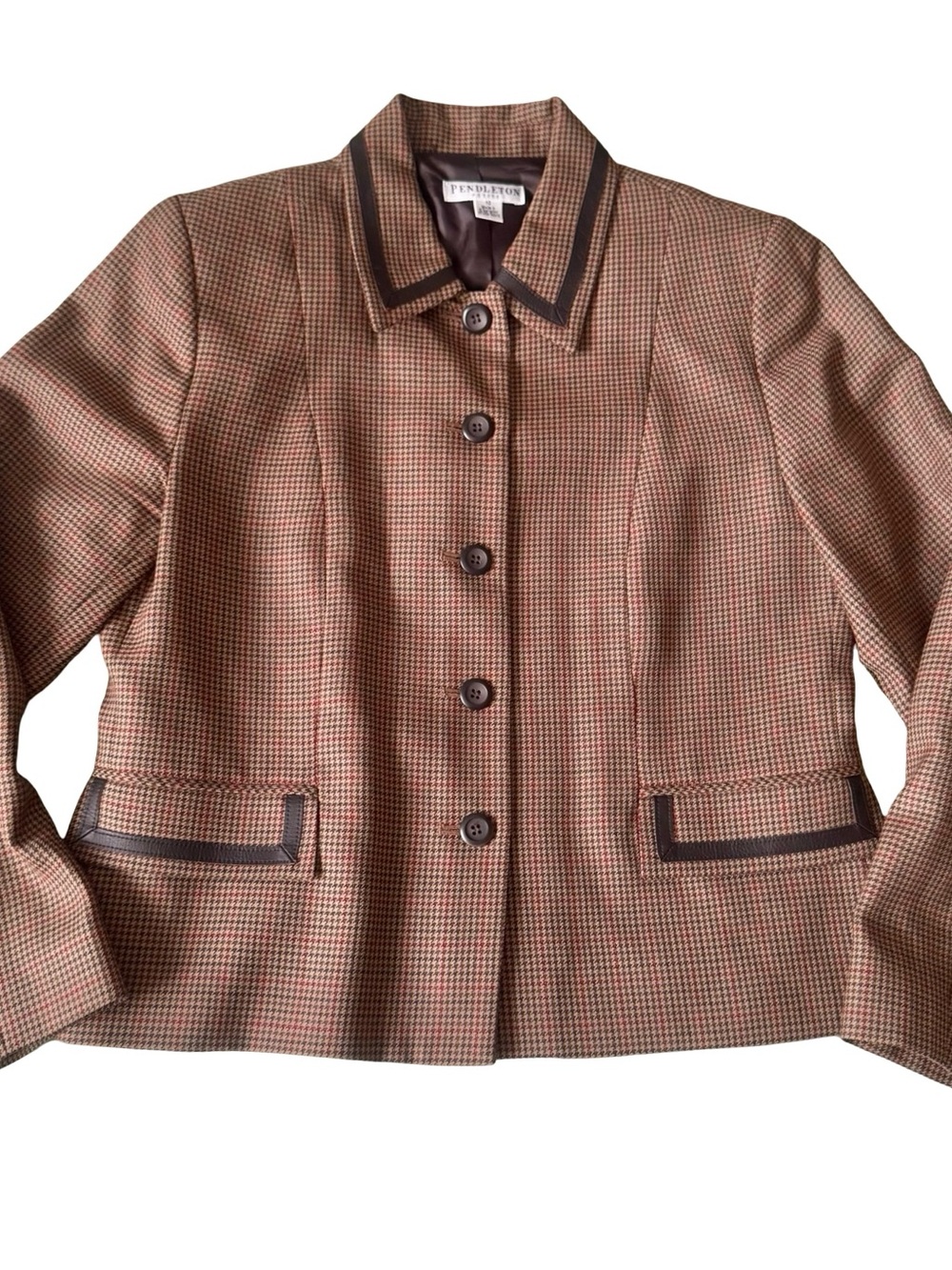 Vintage Pendleton Women’s Brown Houndstooth Wool  Leather Trim Blazer Size 10P